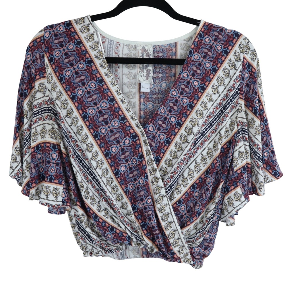 Sadie & Sage Red White Blue Crop Top Faux Wrap Boho Flutter Sleeve Womens Sz M